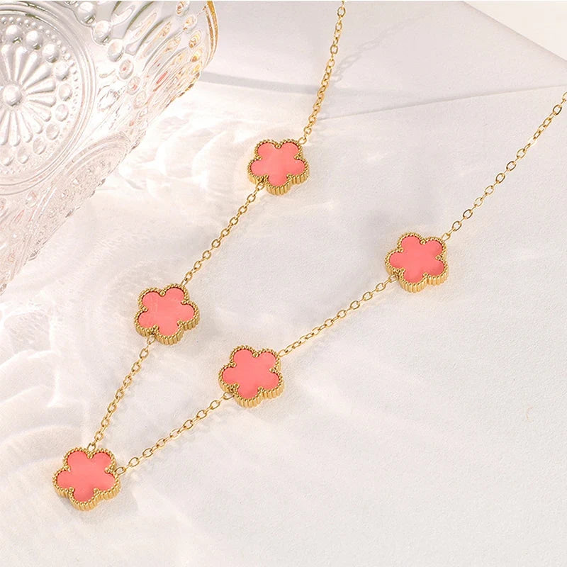 14K Gold Plated Stainless Steel Necklace Woman Five Leaf Petals Double