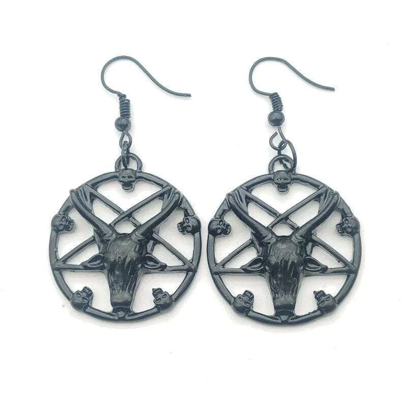 Vintage Goth Gothic punk ancient silver colour pentagram antelope skull coffin cross earrings Aesthetic Grunge y2k Jewelry