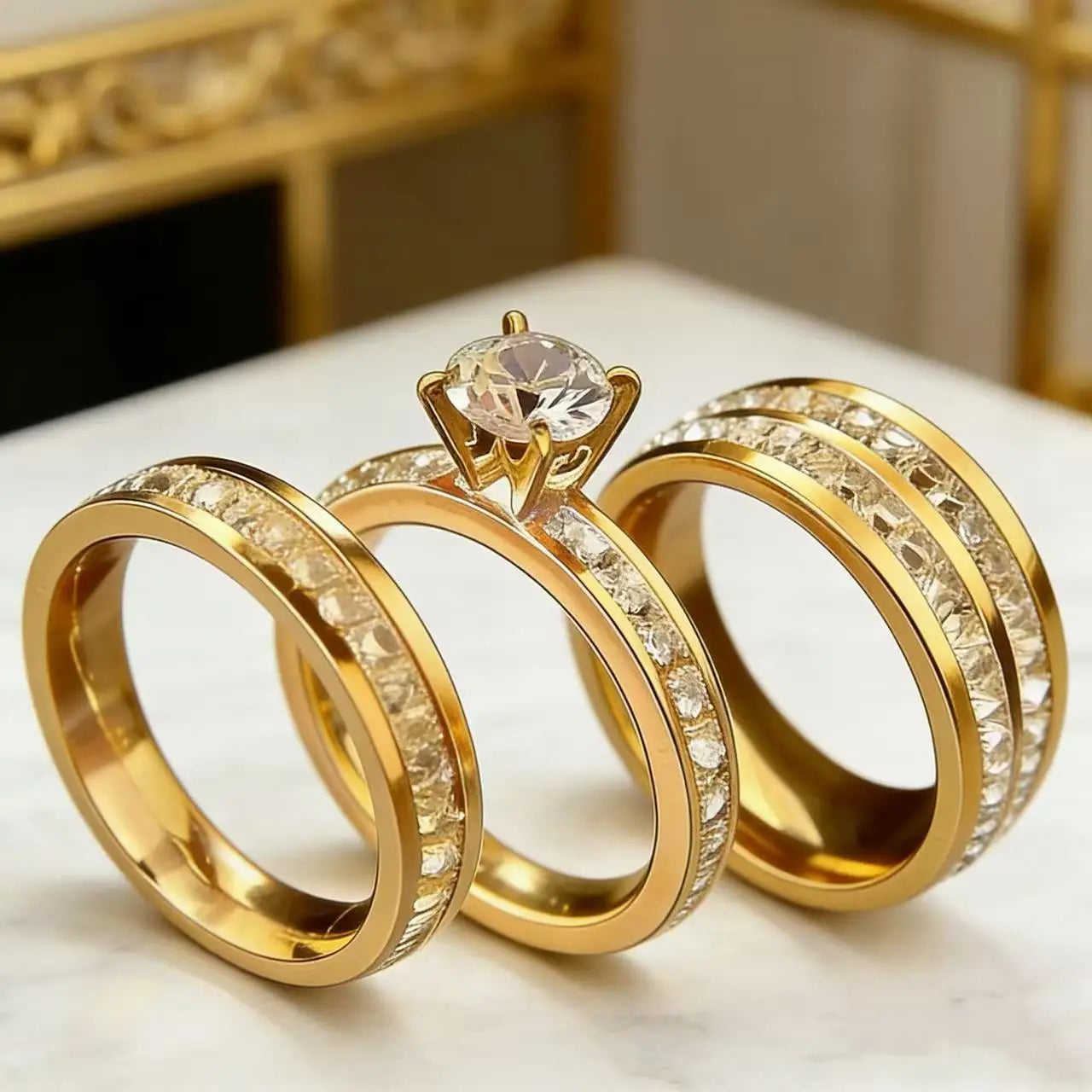 3PCS Set Gold Plated Zirconia (cz) Wedding Engagement Band Stainless