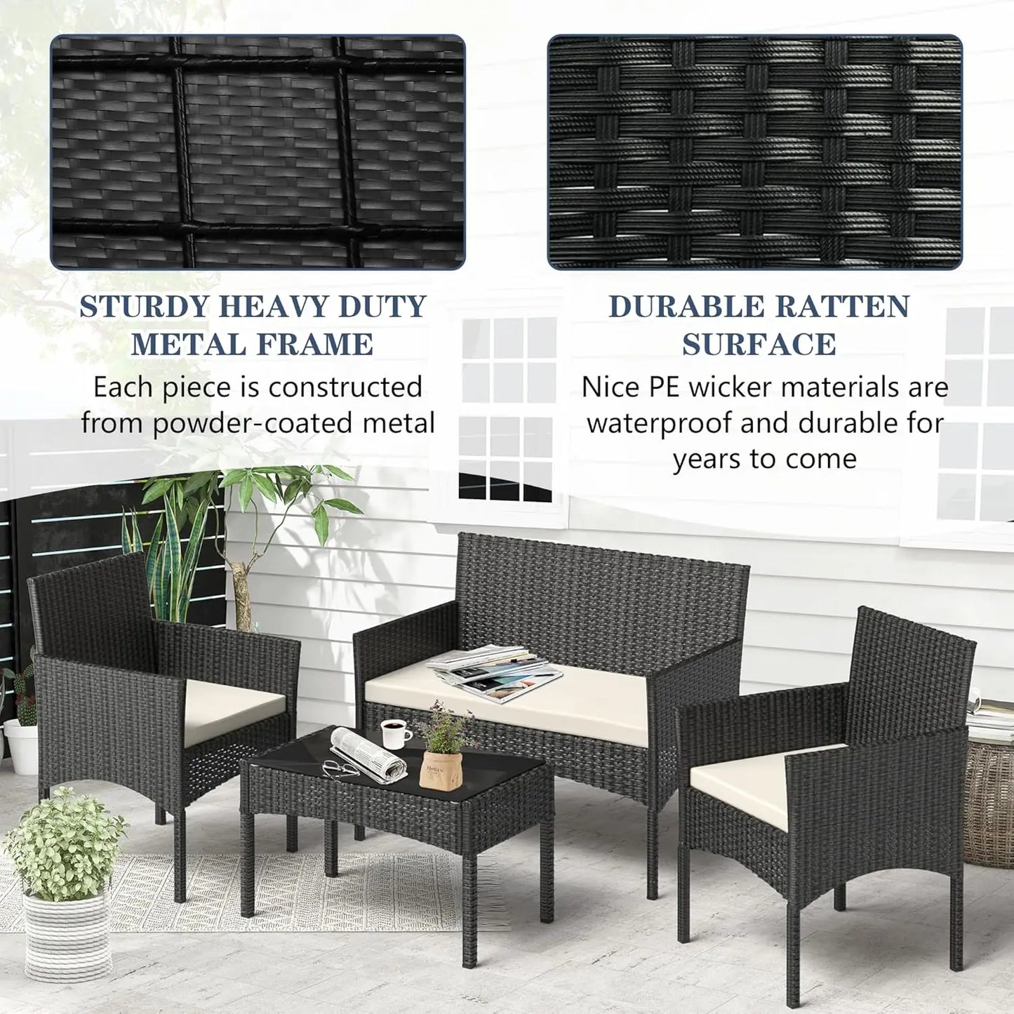 4 Pieces Patio Furniture Set, Outdoor Wicker Rattan Patio Conversation Furniture Set.