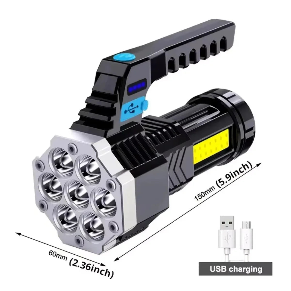 7LED High-Power Flashlight With USB Charging, COB Side Light - Suitable For Fishing, Camping, Hiking.