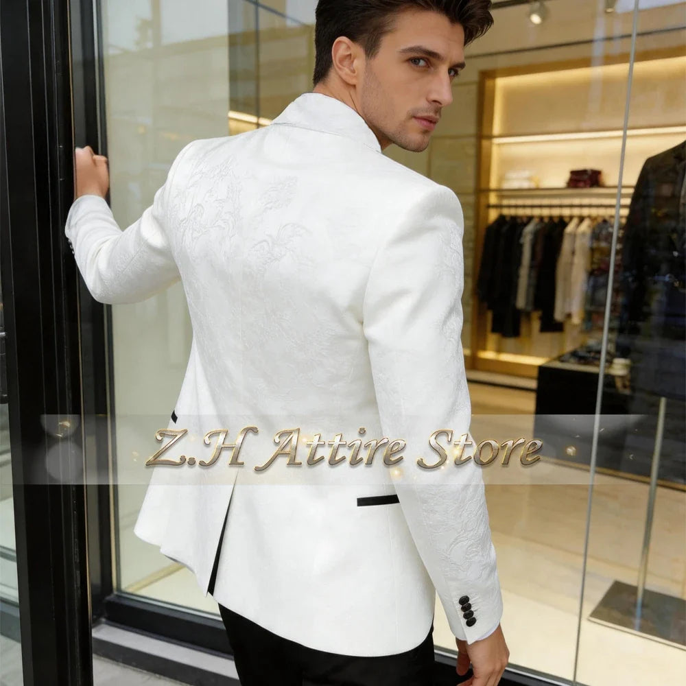 Premium Men's Jacquard Suit White 3pcs Set Wedding Groom Tuxedo Shawl Collar Formal Jacket Vest Pants Beach Party Custom Attire