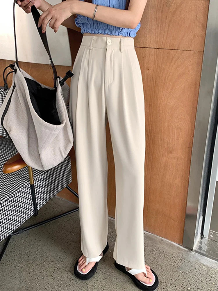 Zoki Elegant Chic Suit Pant Women High Waist Solid Straight Trousers Korean Casual Fashion Loose Spring Summer Wide Leg Pants