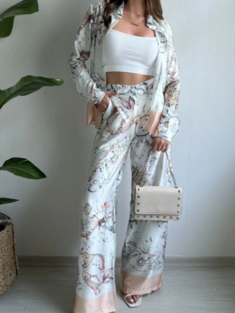 2 Pieces Set for Woman 2025 Summer New Elegant Print Long Sleeves Shirt Tops Suits Fashionable Casual Loose Wide Leg Pants Sets