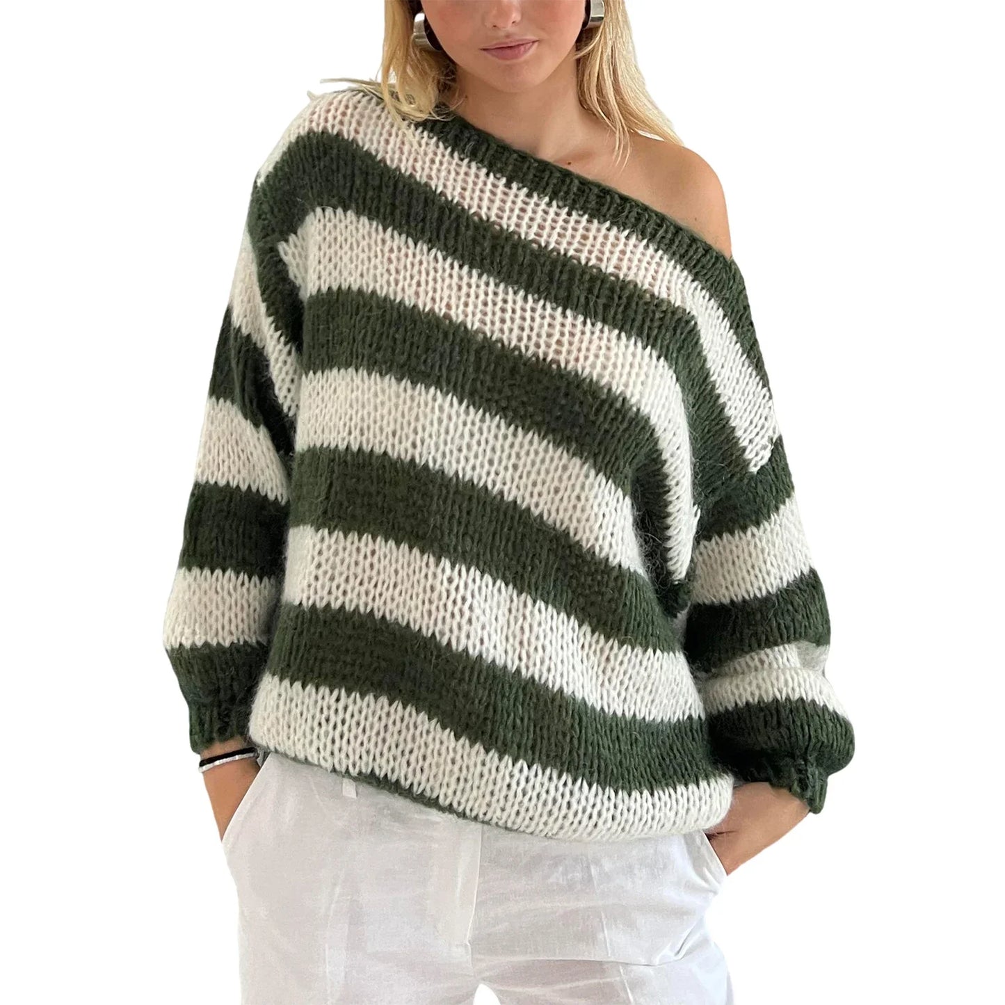 Women s Striped Sweater Vintage Loose Boat Neck Long Sleeve Pullover Tops for Fall Winter