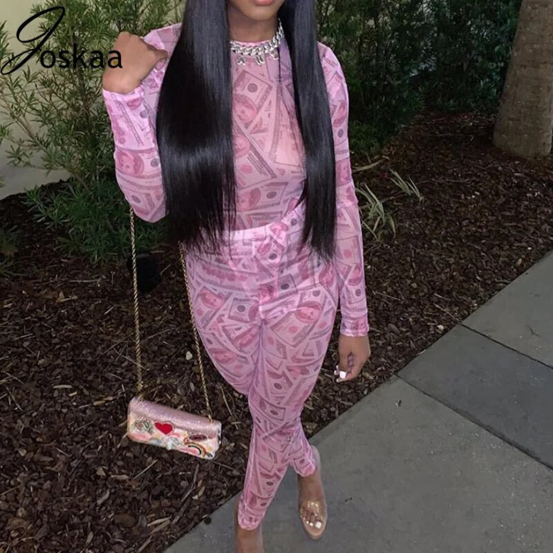 Joskaa Mesh Print Night Club Long Sleeve Bodysuit & Pants 2 Pieces Set Outfits Fashion Outwear Autumn 2020 Tracksuit Woman