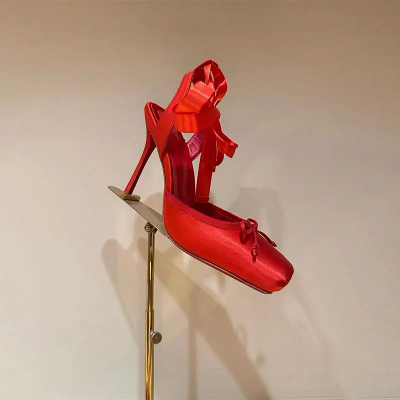 European and American Niche High-heeled Square Toe Ankle Strap Satin Bow Ballet Toe Cap Red Sole Plus Size Women's Sandals