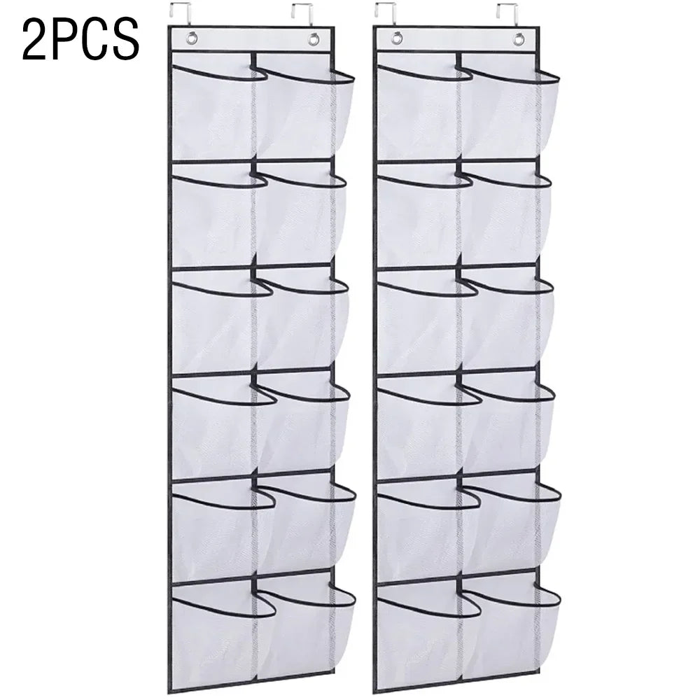 12 Pockets Over the Door Shoe Organizer Large Mesh Pockets With 2 Hooks Transparent Fabric Shoe Rack Storage Bag For Bedroom