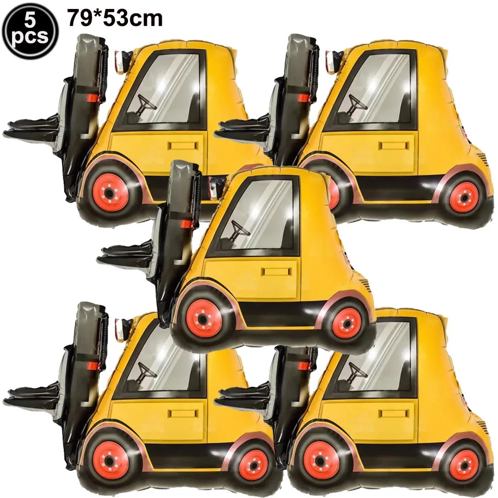 5pcs Construction Themed Balloon Carton Vehicle Balloon Excavator Forklift Crane Balloons for Boy's Construction Birthday Party