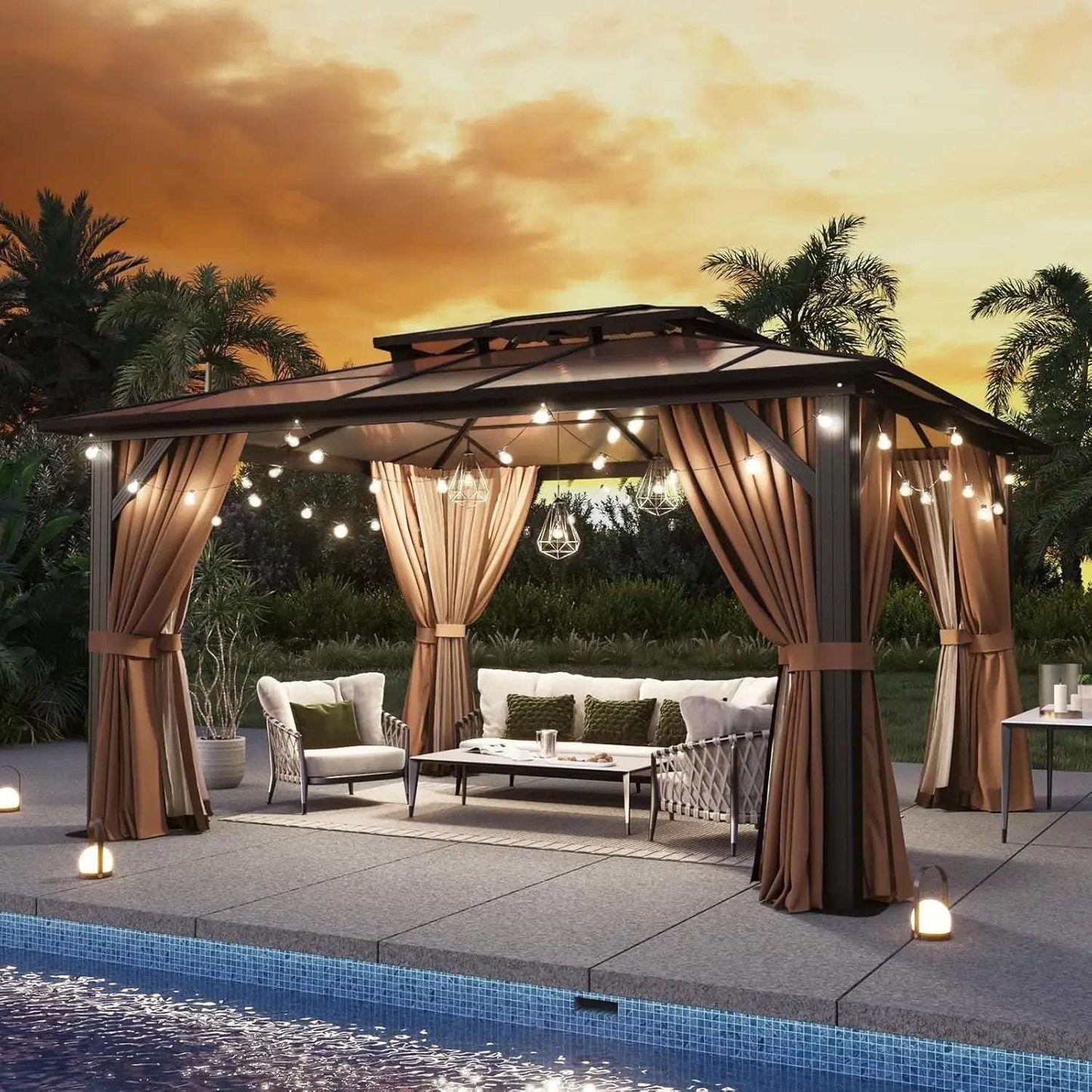 12'x14' Hardtop Gazebo, Aluminum Frame Permanent Pavilion with Curtains and Netting, Designed for Garden, Brown