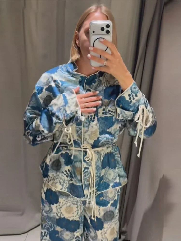 Casual Women's Printed Blouses Pant Set Loose Long Sleeve Lapel Lace Up Blouse Wide Leg Pockets Pants 2026 Autumn Lady Suit