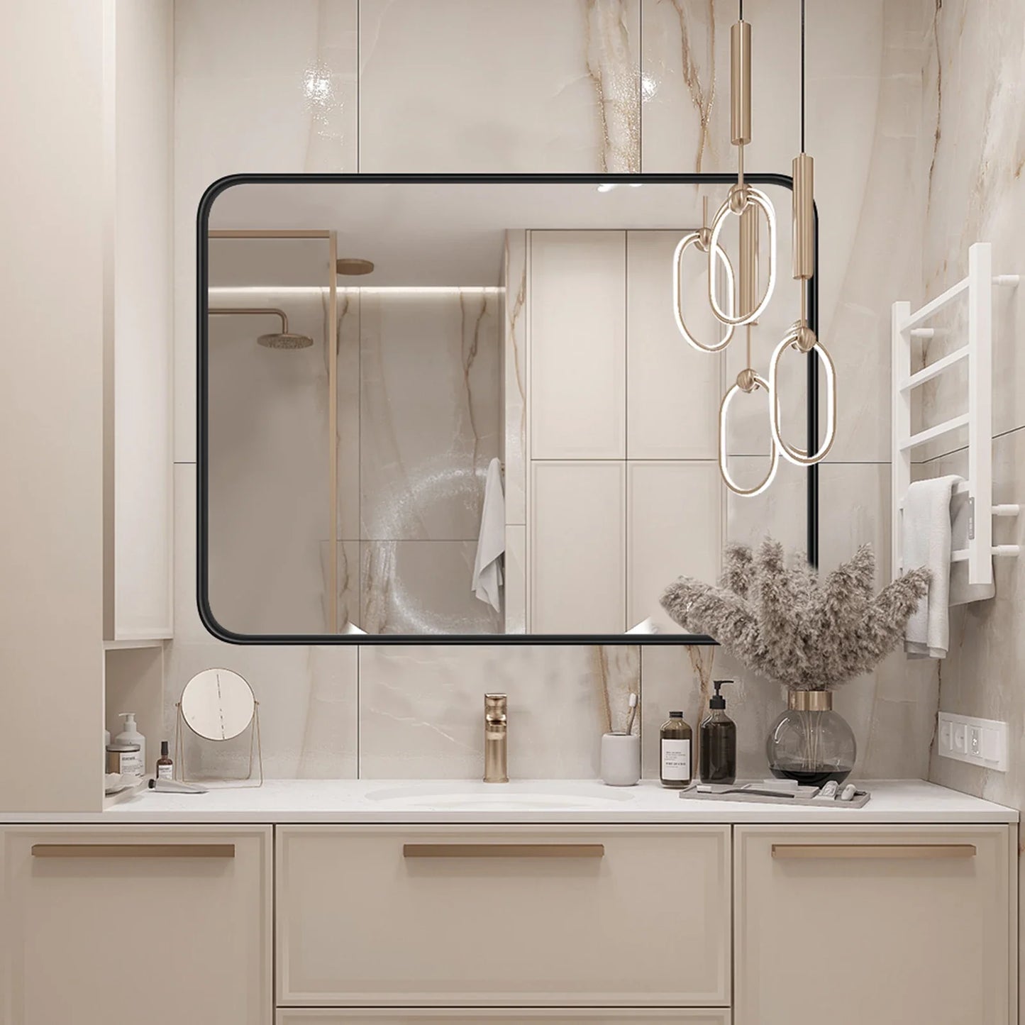 Metal Framed Bathroom Mirror Rectangle Rounded Corner Tempered Glass