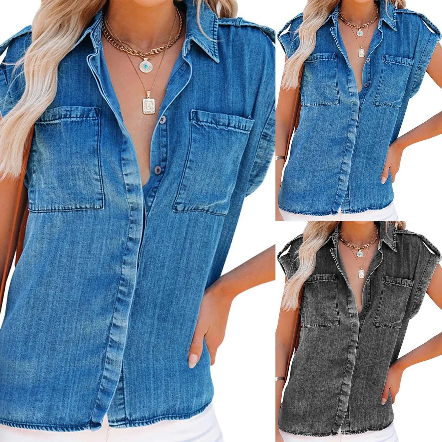 Summer Sleeveless Blouse Pure Color Retro Women'S Short Sleeve Denim T-Shirts Fashionable Street Outdoor Versatile Top 2024