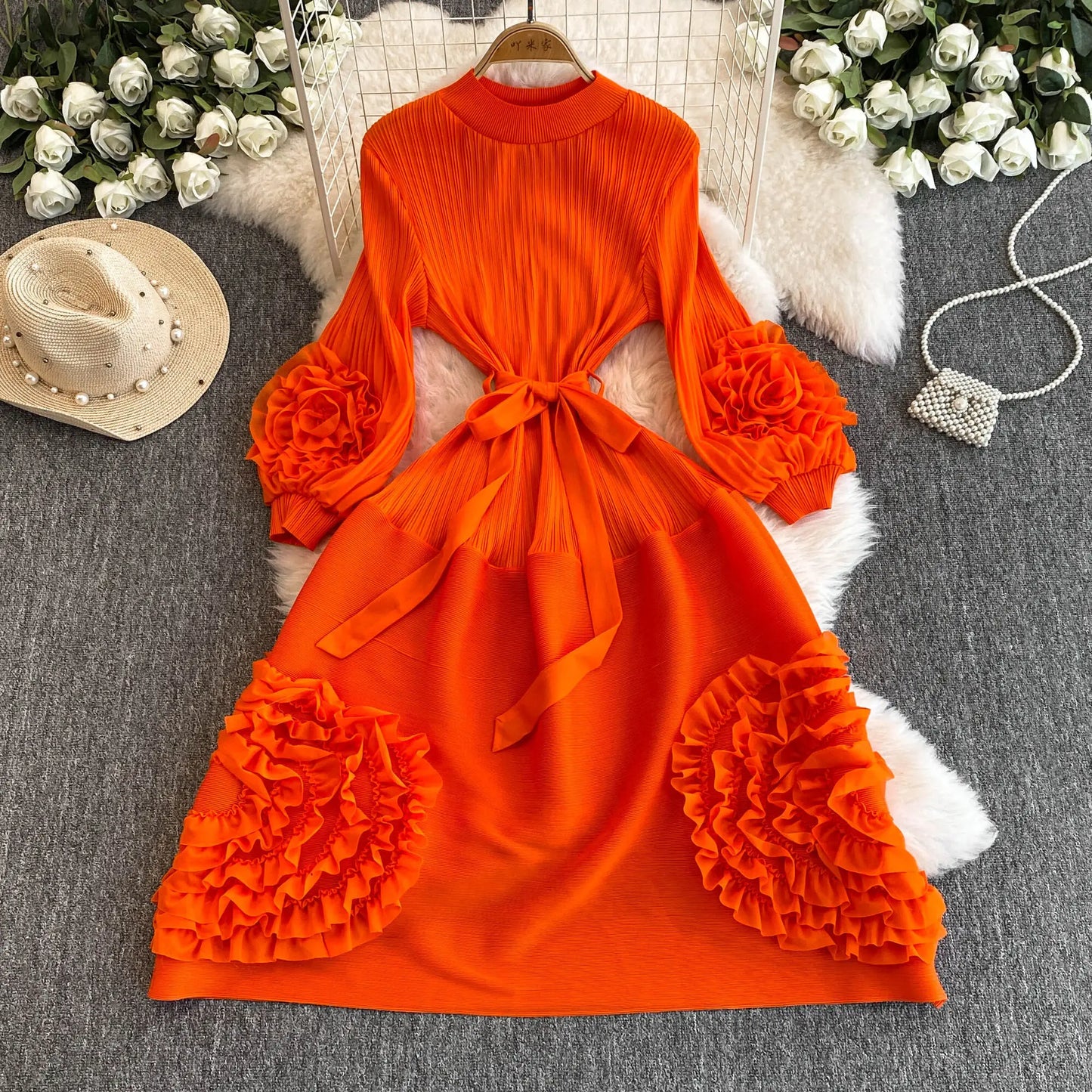 XFPV Women's Pleated Lace Elegant Temperament Lace Up Puff Sleeves High Waisted Dress Vestidos Y2k Fashion Spring Autumn 2024