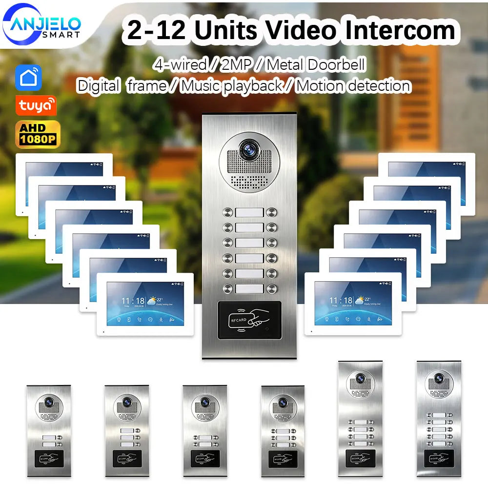 ANJIELO 2-12 Units Apartment Doorbell Video Intercom System Digital Frame Background Music Detection Preview NEW 2026
