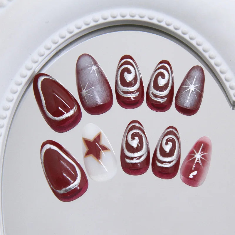 24pcs Red Star Print Fake Nails Sweet Cool Short Almond Press on Nail for Women Wearable Detachable Ins Spice Girl False Nails