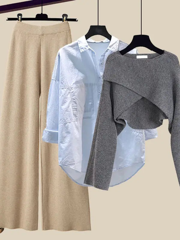 Fall Winter Knitwears 3 Pieces Set For Women Plaid Knitted Vest+solid Blouse+wide Leg Knitting Pants Sets Women Outfits 2024