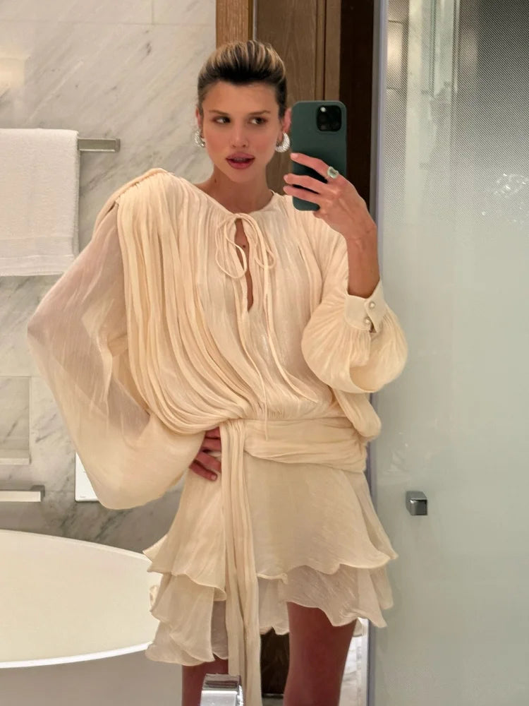 Elegant Layer Ruffles Hem Mini Dresses Chic Loose O Neck Lantern Sleeve Button A-line Cake Dress New Ladies High Street Vestidos