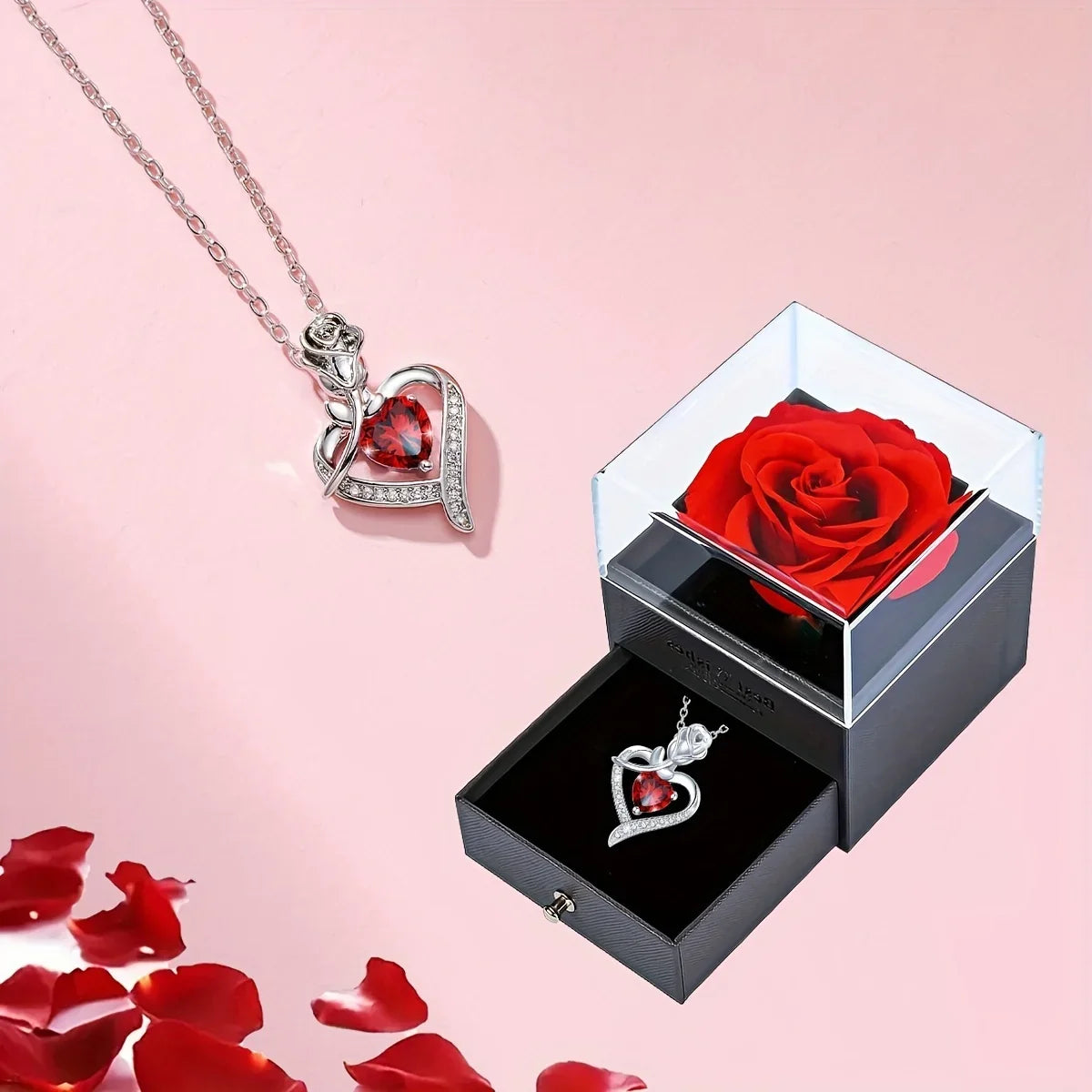 Luxury Red Zircon Heart Necklace With Rose Flower Gift Box For Girlfriend Birthday Valentine Gift  Romantic Accessories