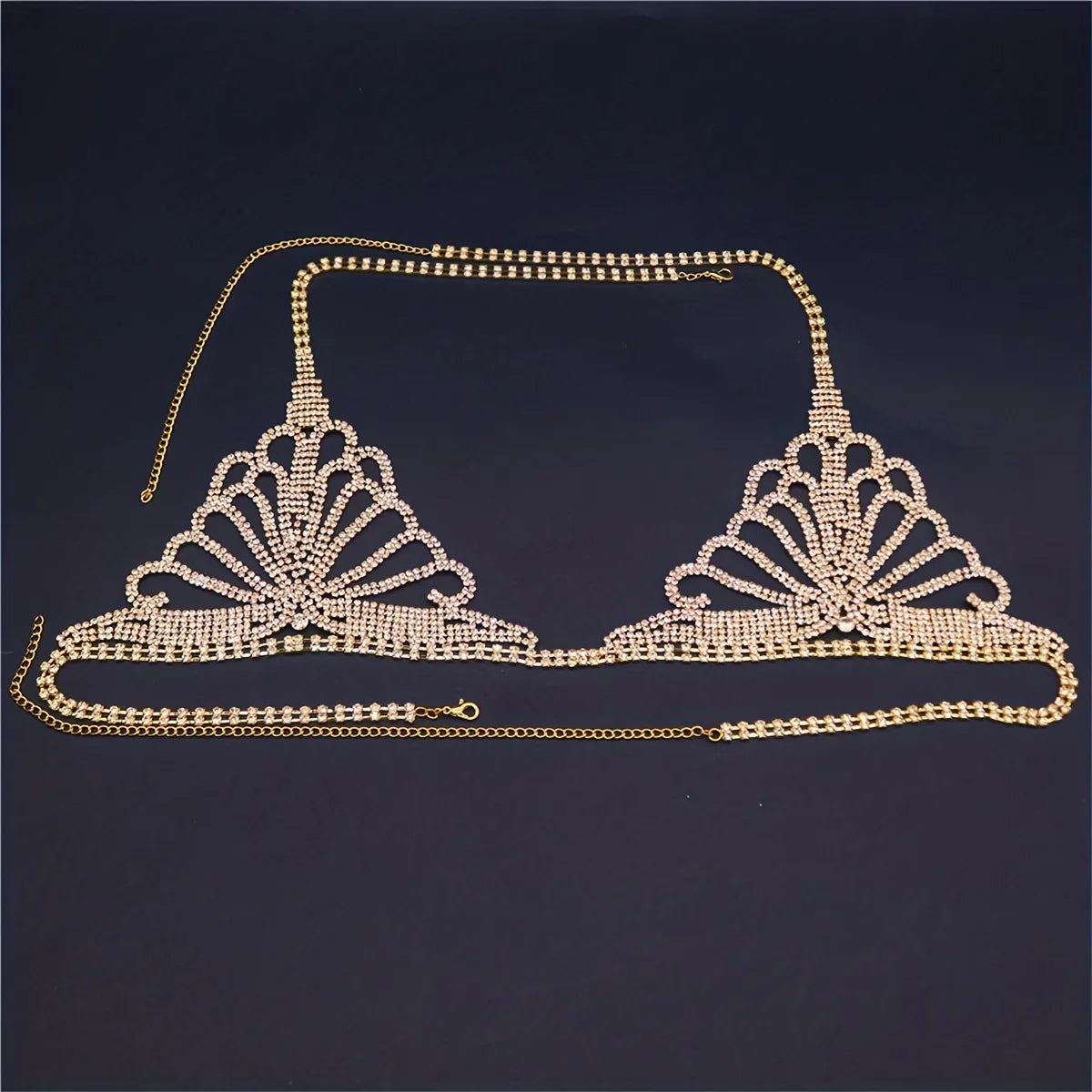 Bohemian rhinestone plaid chest chain and Thong jewelry underwear women's shoulder straps 2024 new bra sexy mesh body