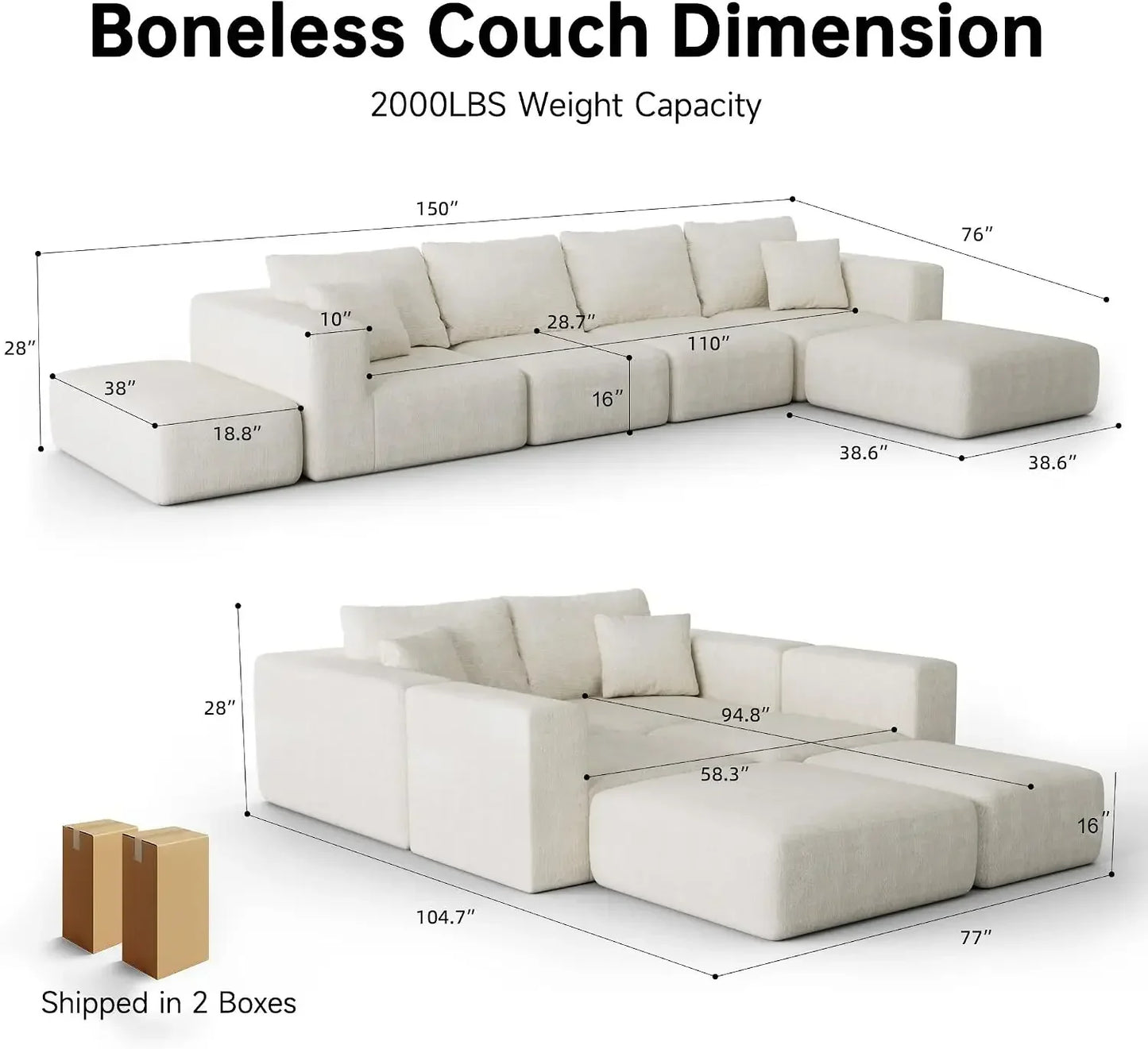 Extra Deep 150 Inch Oversized Modular Sofa Beige Couch Sectional Six Seat