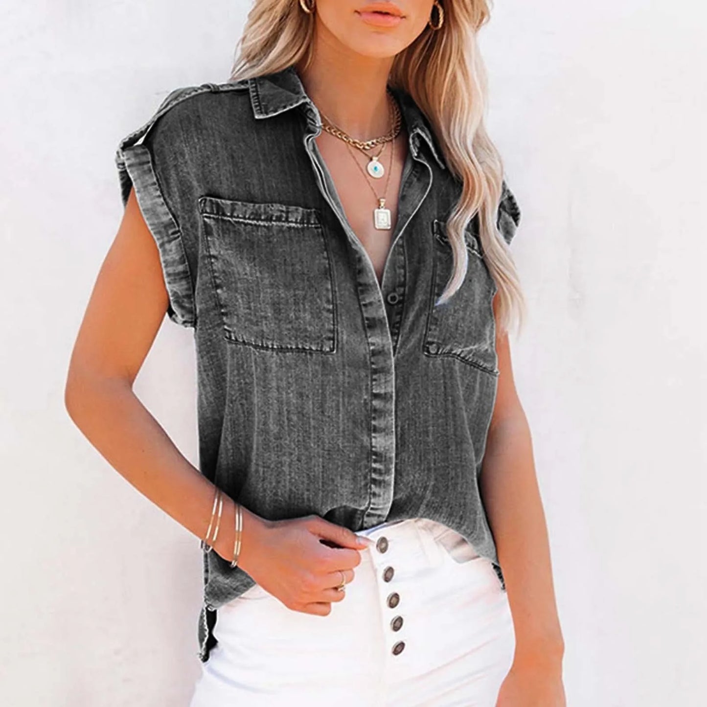Summer Sleeveless Blouse Pure Color Retro Women'S Short Sleeve Denim T-Shirts Fashionable Street Outdoor Versatile Top 2024