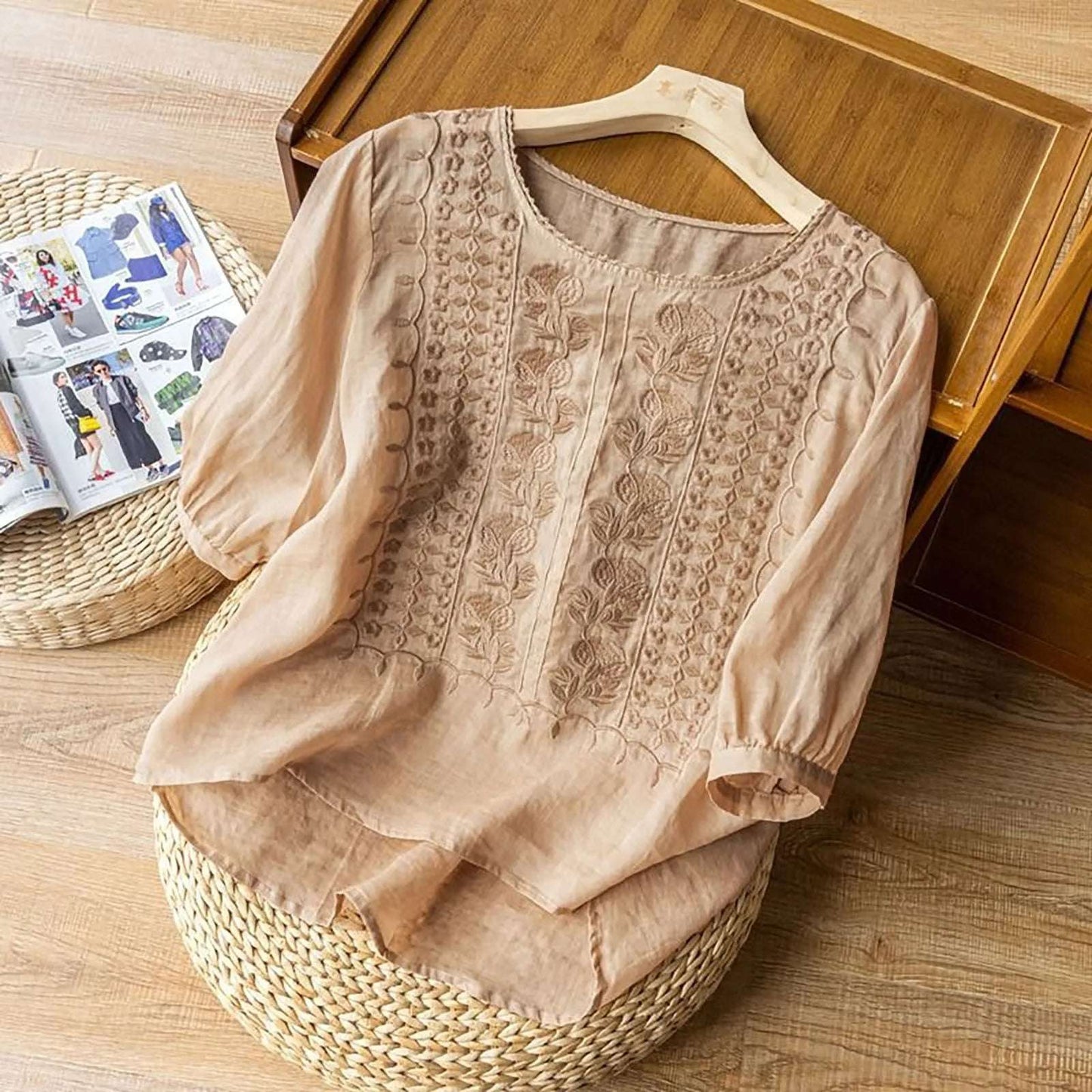 Cotton Linen Half Sleeve T-Shirts Womens Vintage Simple Floral Embroidery Blouses Retro Plain Lightweight Summer T-Shirts Tops