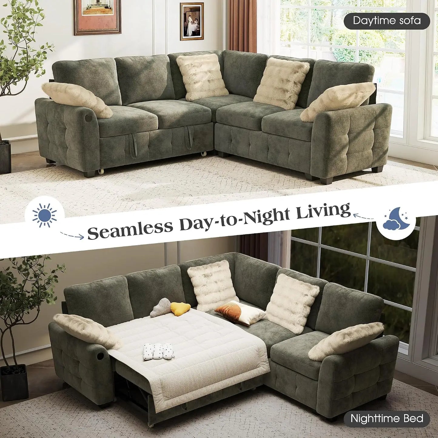 L-Shaped Sectional Sofa Bed with Storage, 5-Seater Convertible Pull Out Sleeper Sofa with USB Charging Ports, 4, Customized