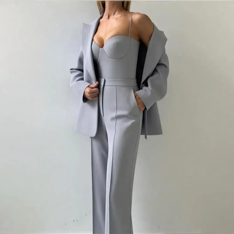 Solid Suit Jacket Corset Pants 3 Piece Set Women Corset Lapel Coat Straight Pants Lady Set 2026 Summer Autumn Commute Outfit New