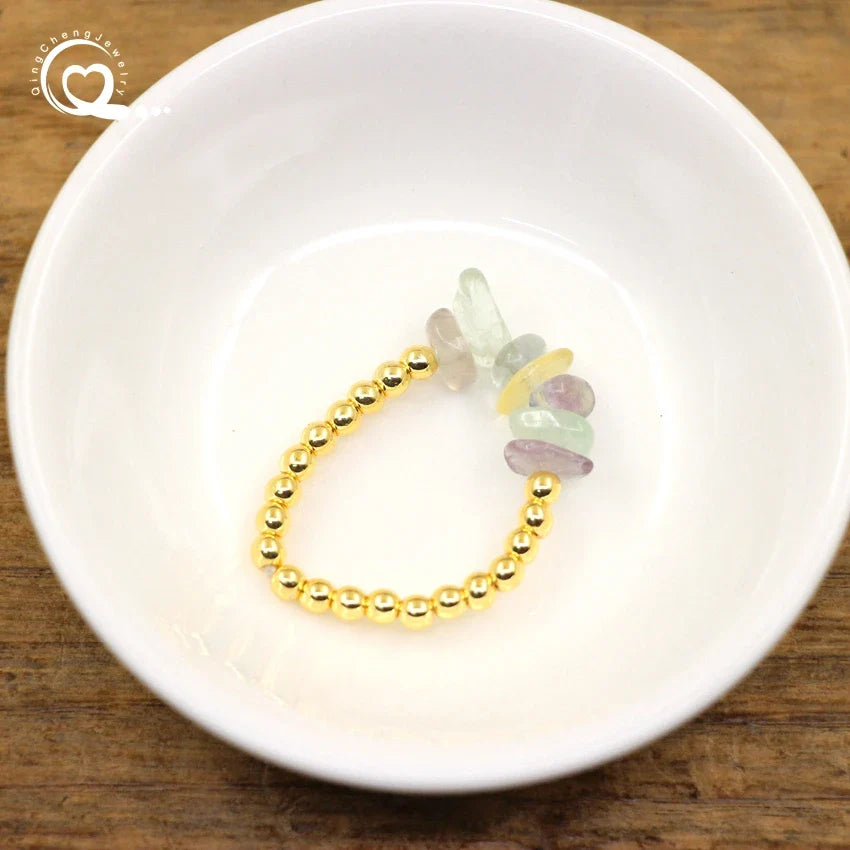 Healing Crystal Chip Stackable Rings Golds Brass Round Beads Natural Stone Gravel Stretchy Ring Fashion Women Jewelry,QC4218