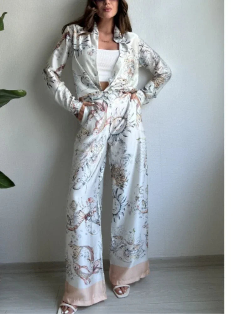 2 Pieces Set for Woman 2025 Summer New Elegant Print Long Sleeves Shirt Tops Suits Fashionable Casual Loose Wide Leg Pants Sets
