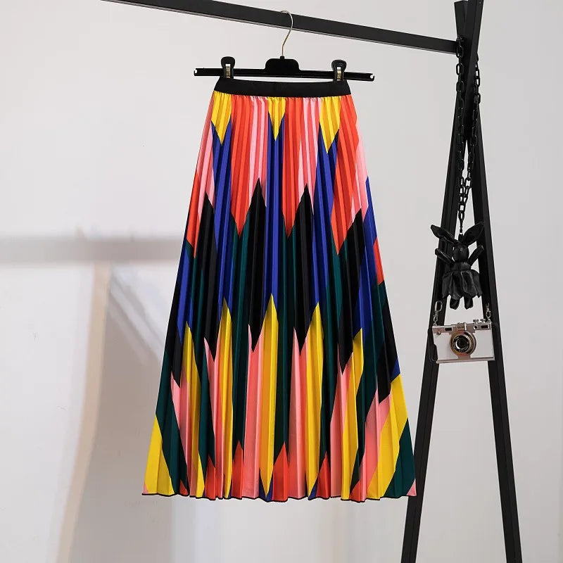 2023 Summer Women Cartoon Print Pleated Skirts A Line High Waisted Elastic Midi Long Skirt Ladies Party Korean Style Dresses