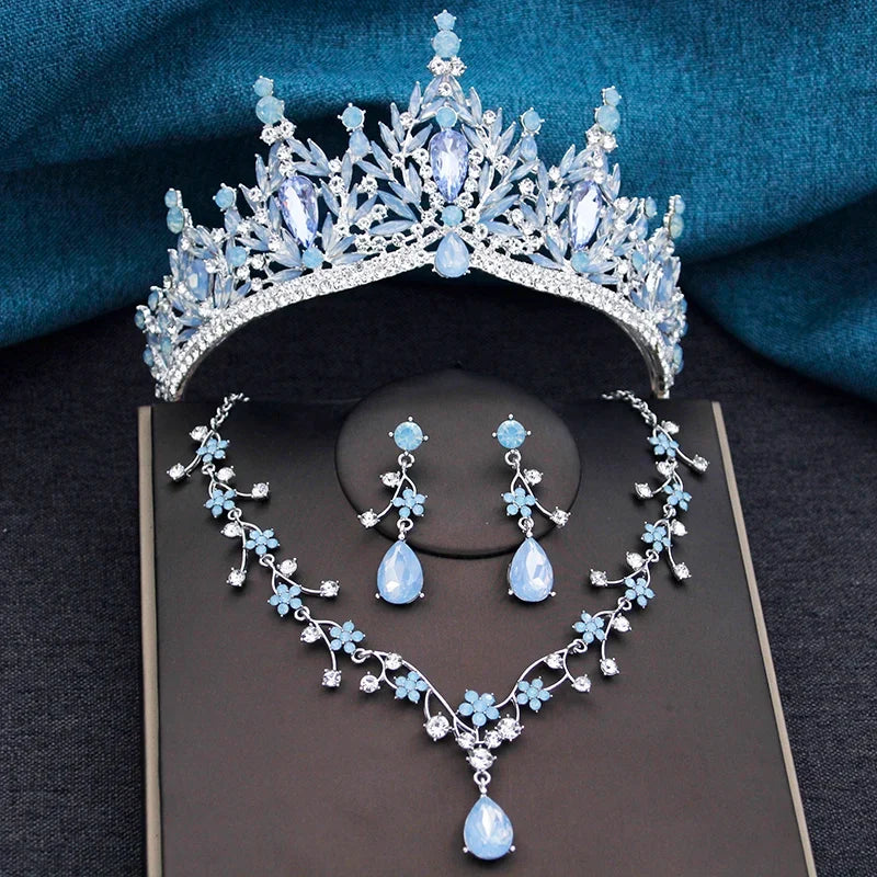 Baroque Wedding Crown for Bride 3-Pack Tiara Earrings Necklace Bridal