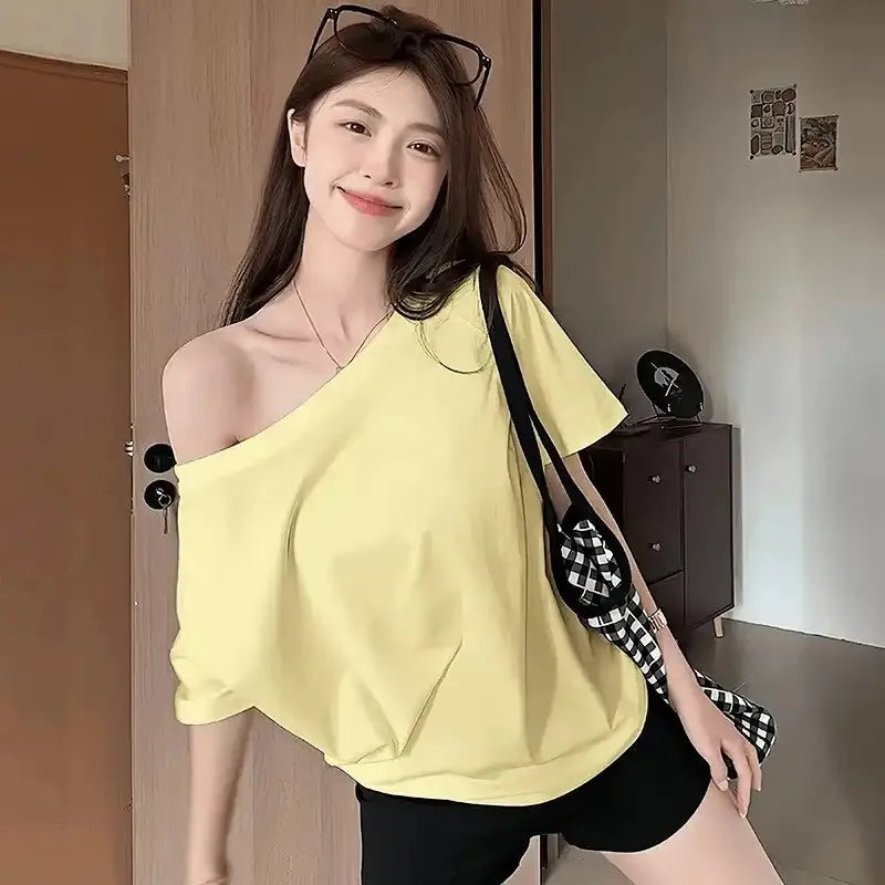 Fashion Loose Ladies Batwing Sleeve Trend Solid Color Off Shoulder Summer New Style Pullover Slash Neck Tshirt Tops Short Sleev