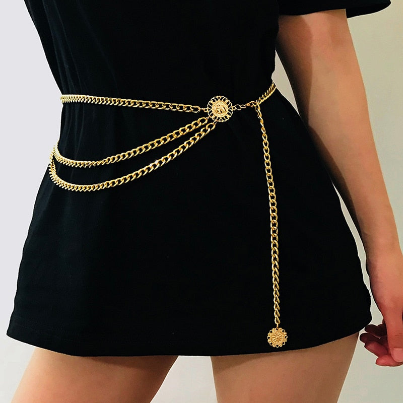 Fashion Round Brand Alloy Multi-Layer Exaggerated Body Chain 2023 New Women Queen Head Retro Street Snap Beam Party Waist Chain