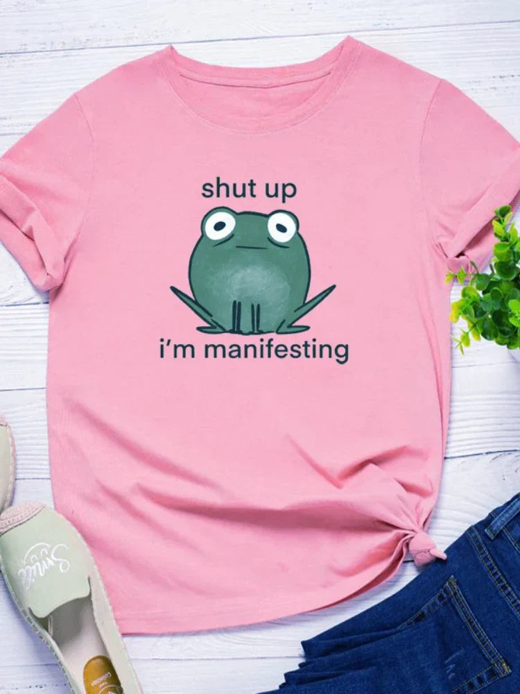I'm Manifesting Frog Print Women T Shirt Short Sleeve O Neck Loose Women Tshirt Ladies Tee Shirt Tops Clothes Camisetas Mujer