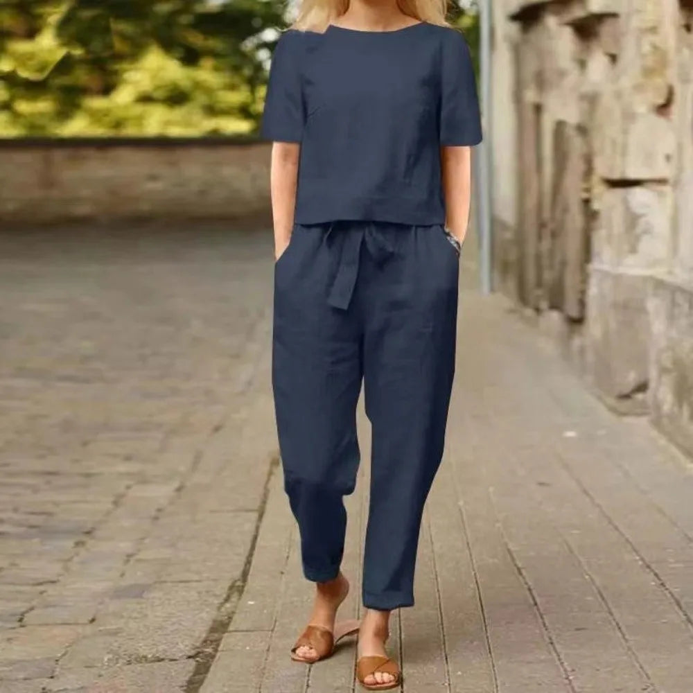 Half-sleeved Women's Cotton Linen Suit Elastic Waist Wide-leg Two-piece Set Round Neck Comfortable Summer Matching Suit