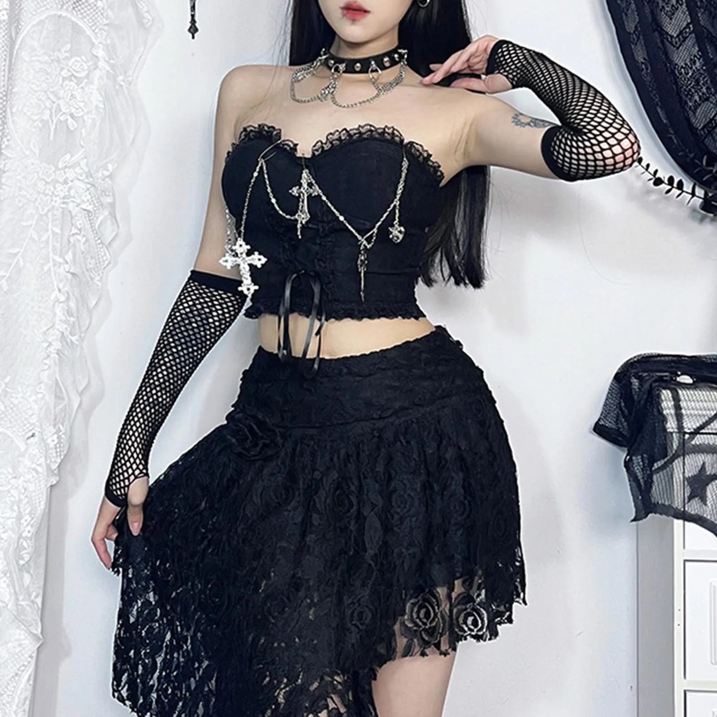 Gothic Cross Chain Crop Tube Top Women's Harajuku Lace Trim Strapless Tank Tops Y2K Clothes Punk E Girl Hippie Party Grunge Tops