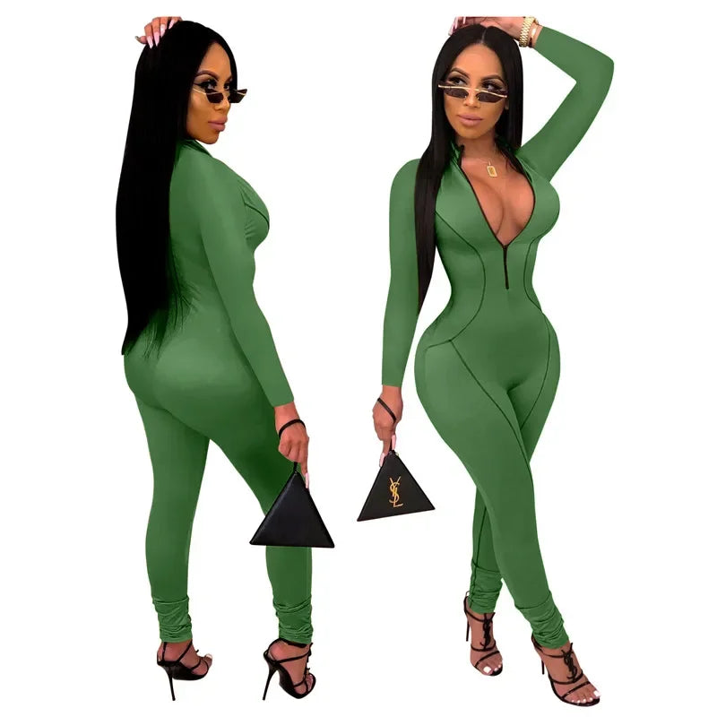 New Autumn Women Zipper Up Striped Splicing Long Sleeve Bodycon Moto Biker Jumpsuit Sexy Club Night Party Romper Playsuit GL9371