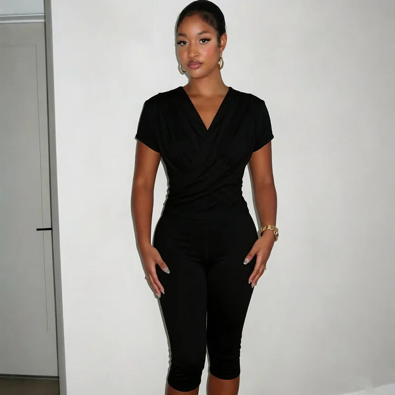 Stylish Lady Cross V Neck Ruched Short Sleeve Two Piece Set High Waist Capri Pants 2026 Women Solid Bodycon Casual Tracksuit