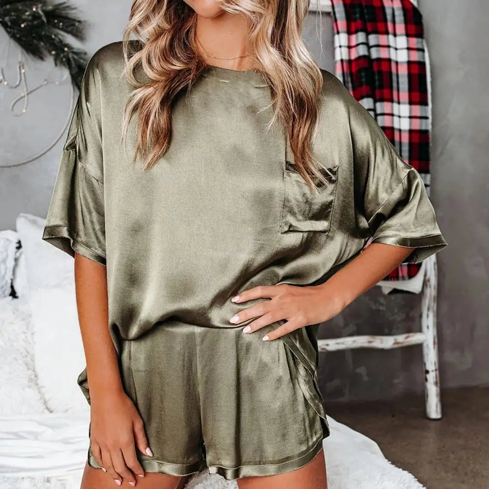 Women Spring Autumn 2pcs Satin Pajamas Set Short Sleeve Button Up Shirt and Casual Loose Elastic Pants Sleepwear Loungewear