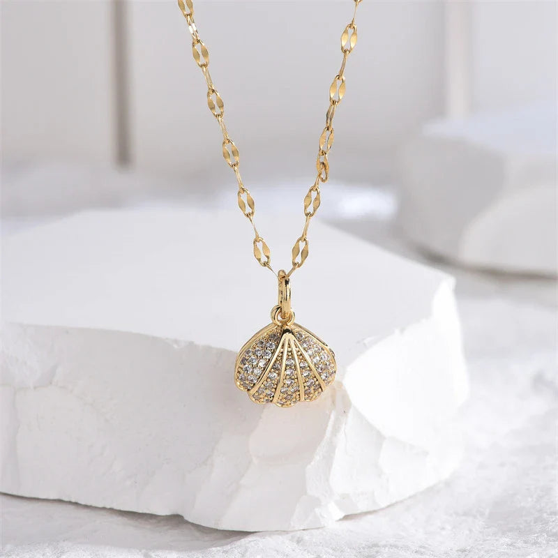Summer Fashion Crystal Zircon Shell Imitation Pearl Pendant Necklace For Women  Collar Beach Neck Jewelry