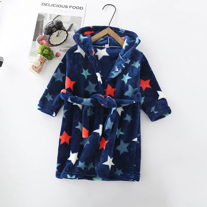Winter Children Flannel Bath Robe Baby Cartoon Printed Hooded Bathrobe Baby Boy Girl Pajamas Kids Sleepwear Robe Nightgown