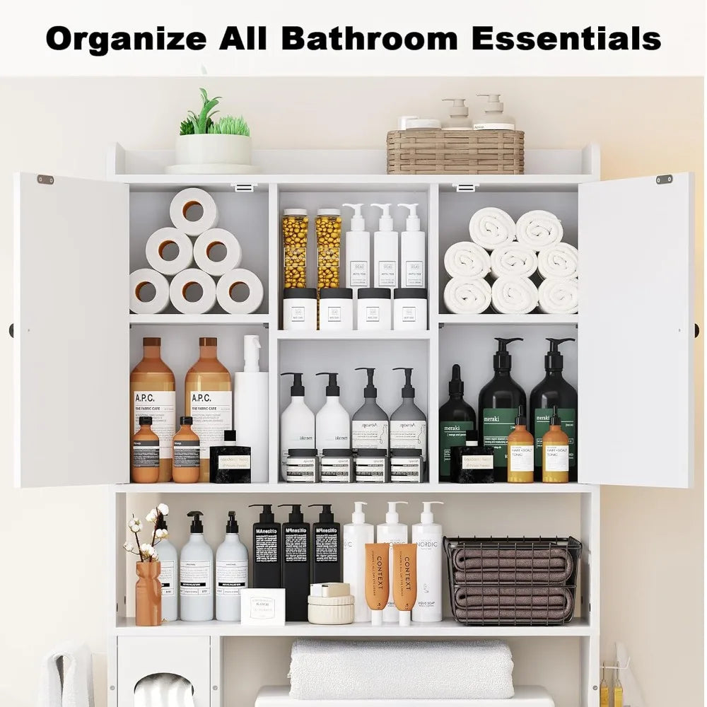 32"W Over The Toilet Storage Cabinet, with Metal Frame and 7 Storage Shelves.