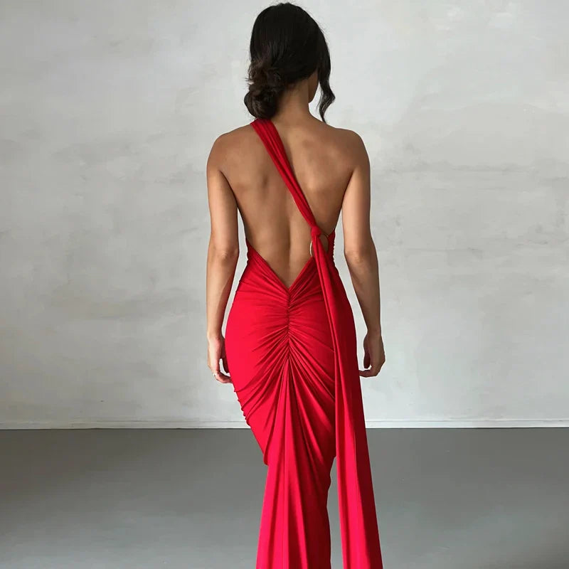 Hugcitar One Shoulder Backless Adjustable Scarf Loop Ruched Sexy Maxi Dress 2025 Women Elegant Y2K Streetwear Festival Outfit