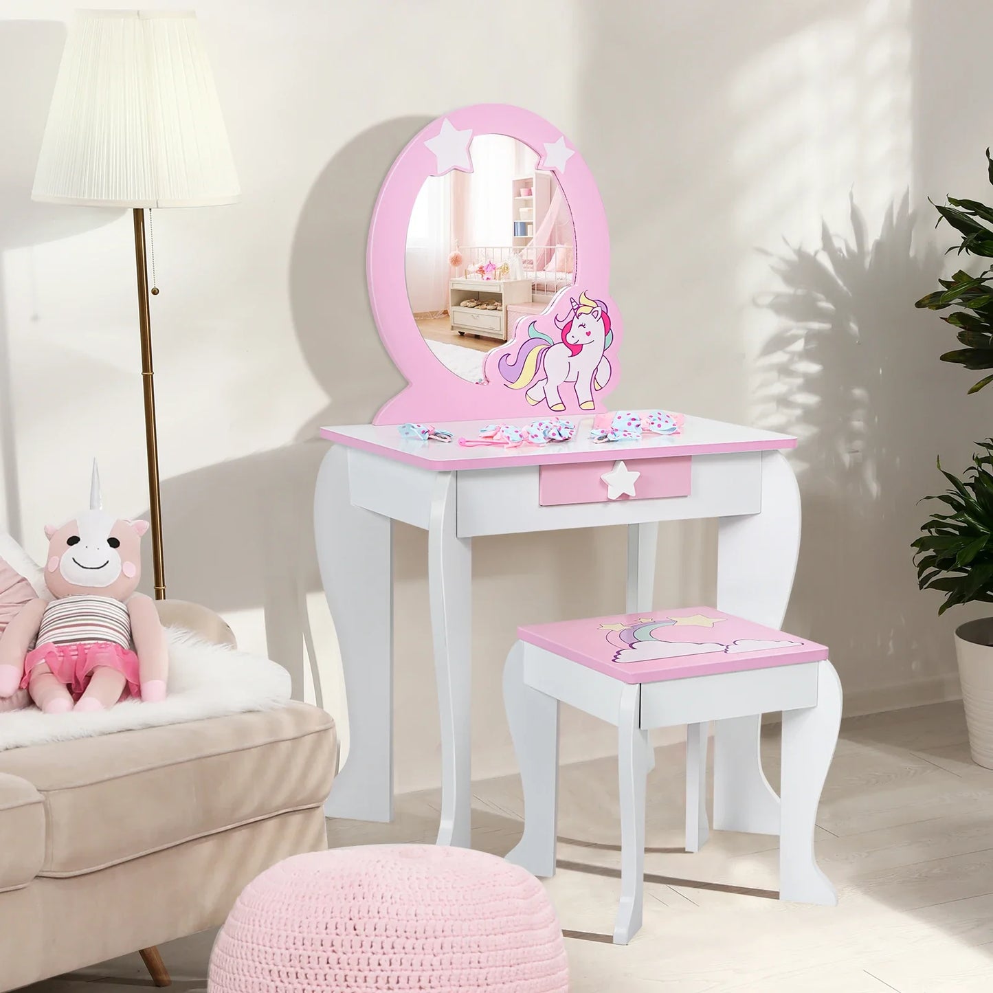 Kids Home Vanity Makeup Set Wooden W/ Mirror and Drawer