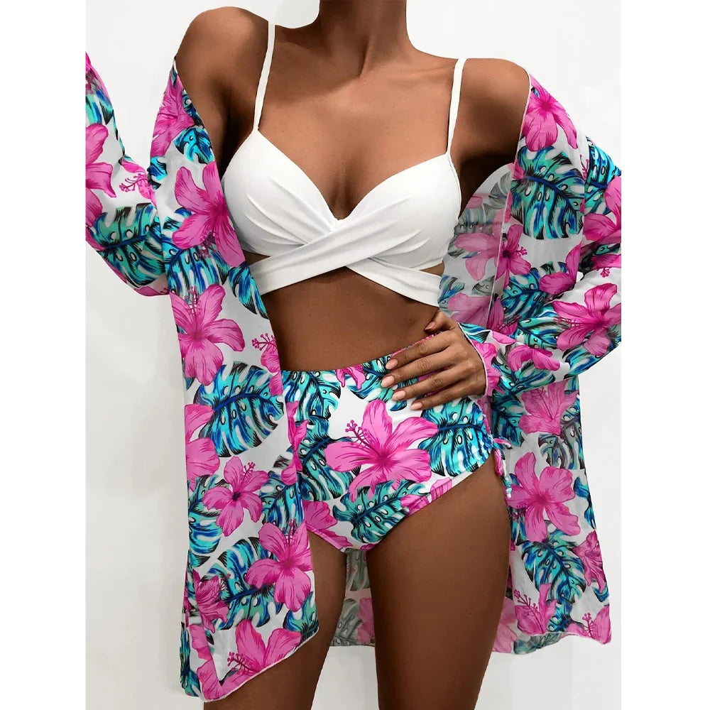 Three Pieces Bikini Set Cover Up Women New Push Up Twist Swimsuit Print Long Sleeve Swimwear Biquini Bathing Suit Summer