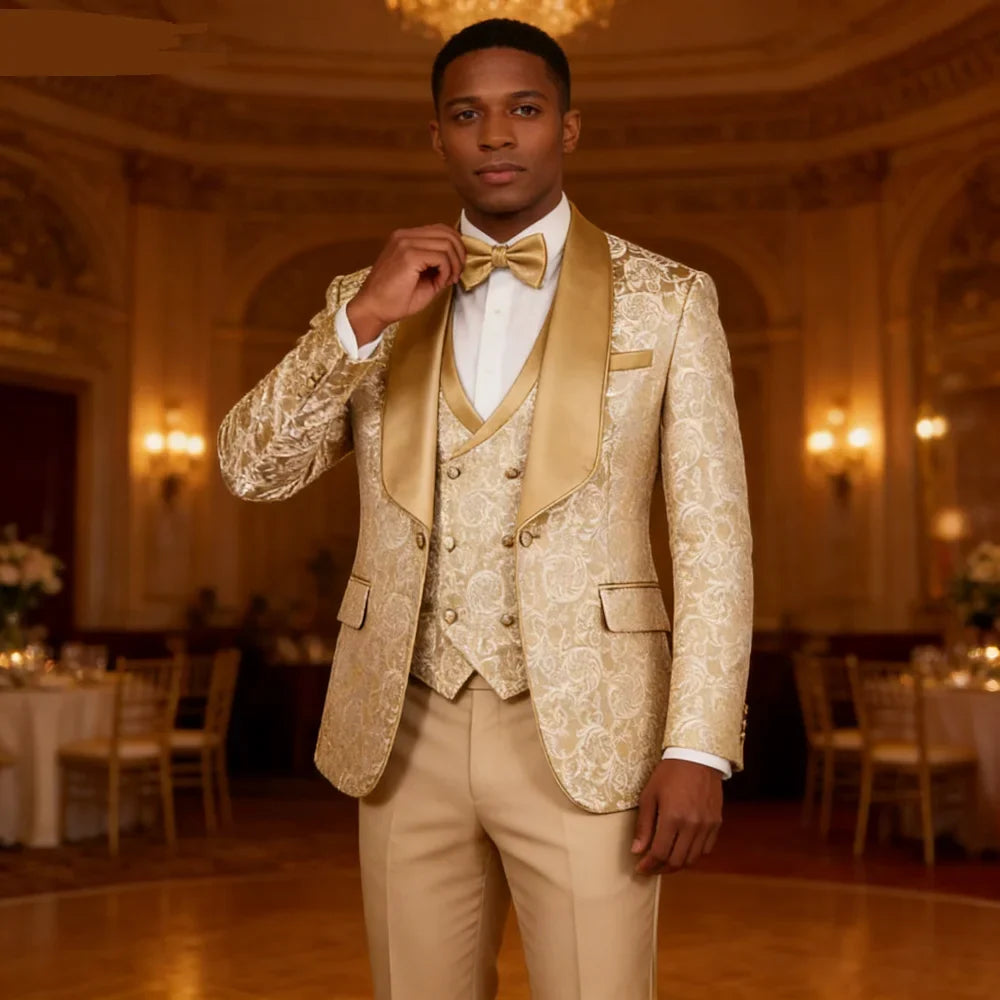 Champagne Jacquard 3-Piece Men's Formal Smoking Suit with Shaw Lapel Blazer Set for Groom Wedding Best Man Tuxedos for Party