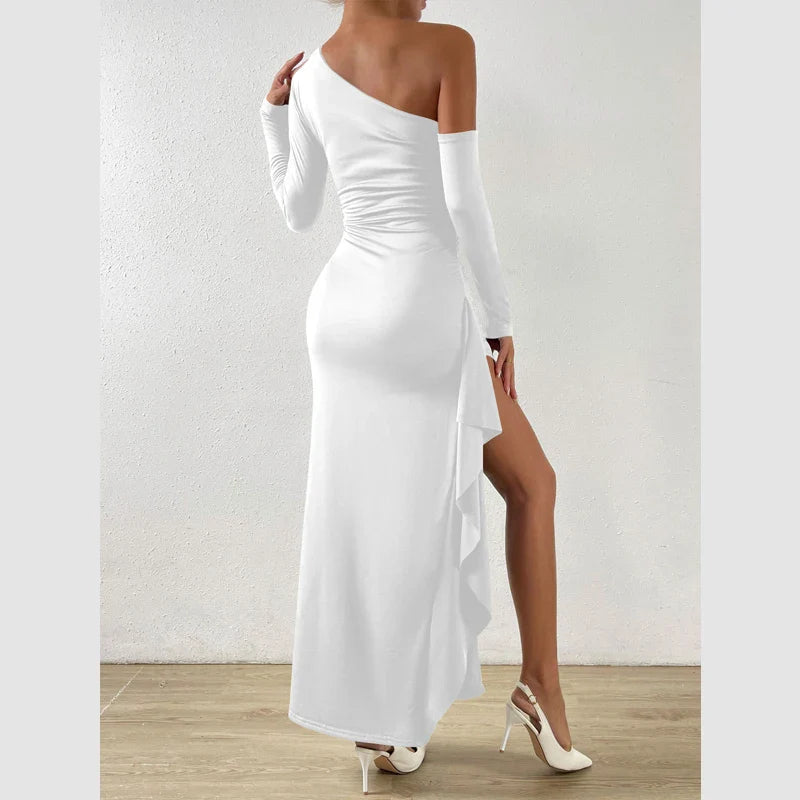 Spring Autumn Women's Sexy One-shoulder Long-sleeved Ball Dress Fashion Solid Color Off-the-shoulder Hip Irregular Slit Dress