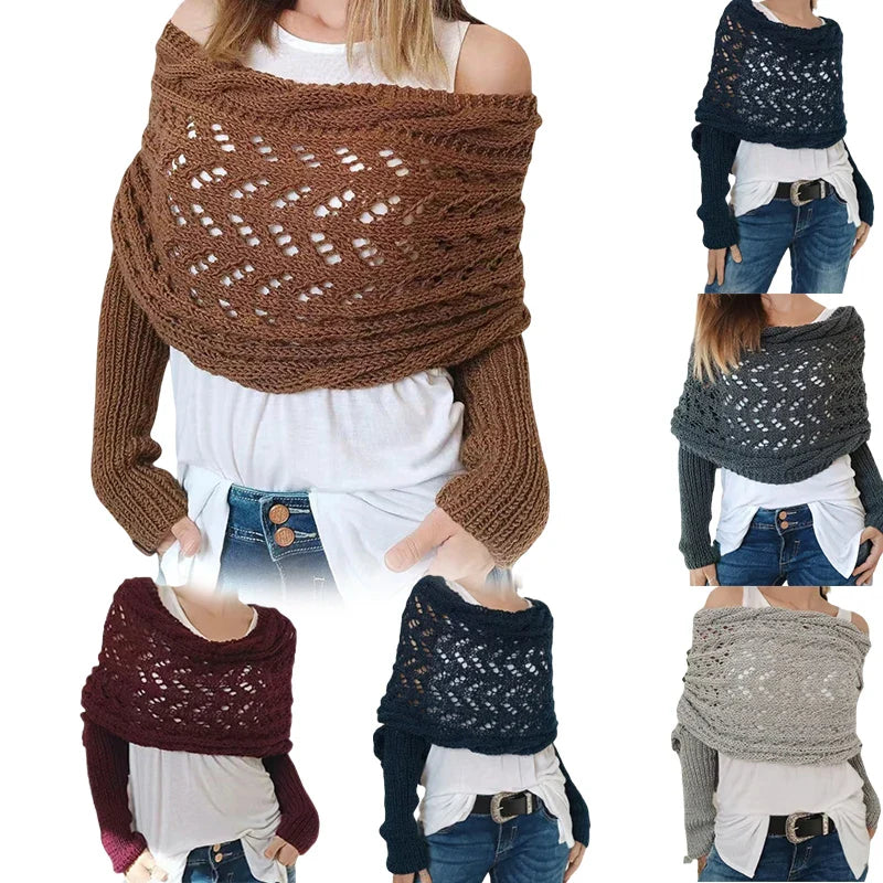 〔CC88〕Autumn and Winter Long Shawl Knitted Hollow Out Fashion Casual Wraps Shoulder Sweater Scarf with Lengthened Double Sleeves